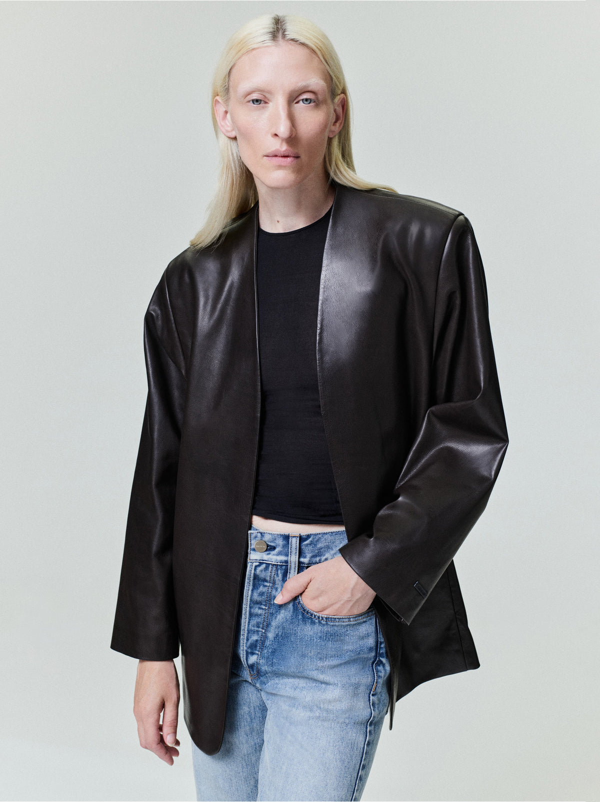 Womens Leather Collarless Jacket - Dark Brown - Image 1
