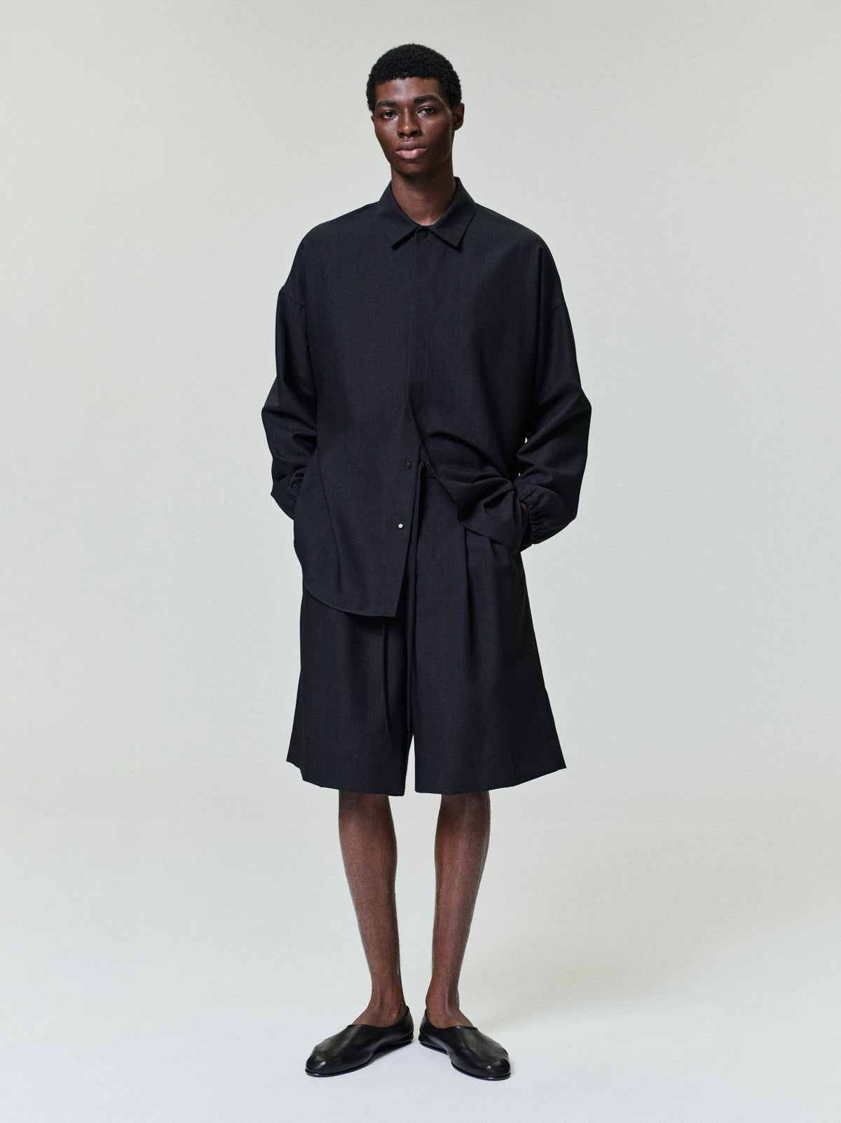 Black Striped Wool Baggy Shorts - Black Striped - Image 2