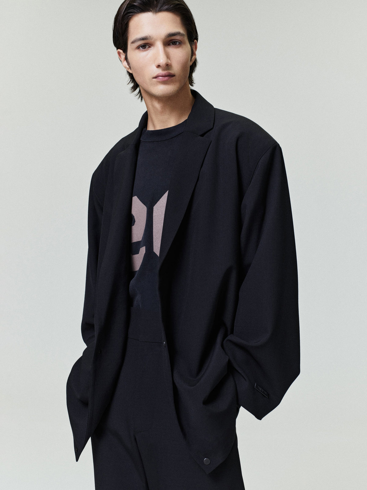 Wool Ripstop Relaxed Long Jacket - Black - Image 1