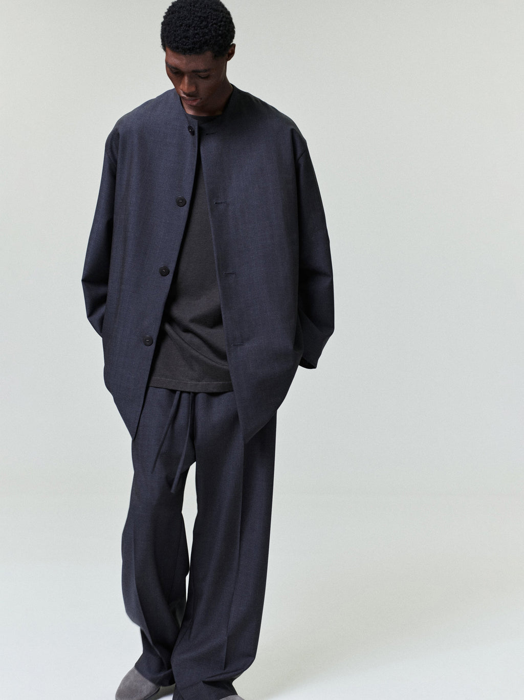 Grey Striped Wool Wide Leg Drawstring Pants - Grey Striped - Image 2