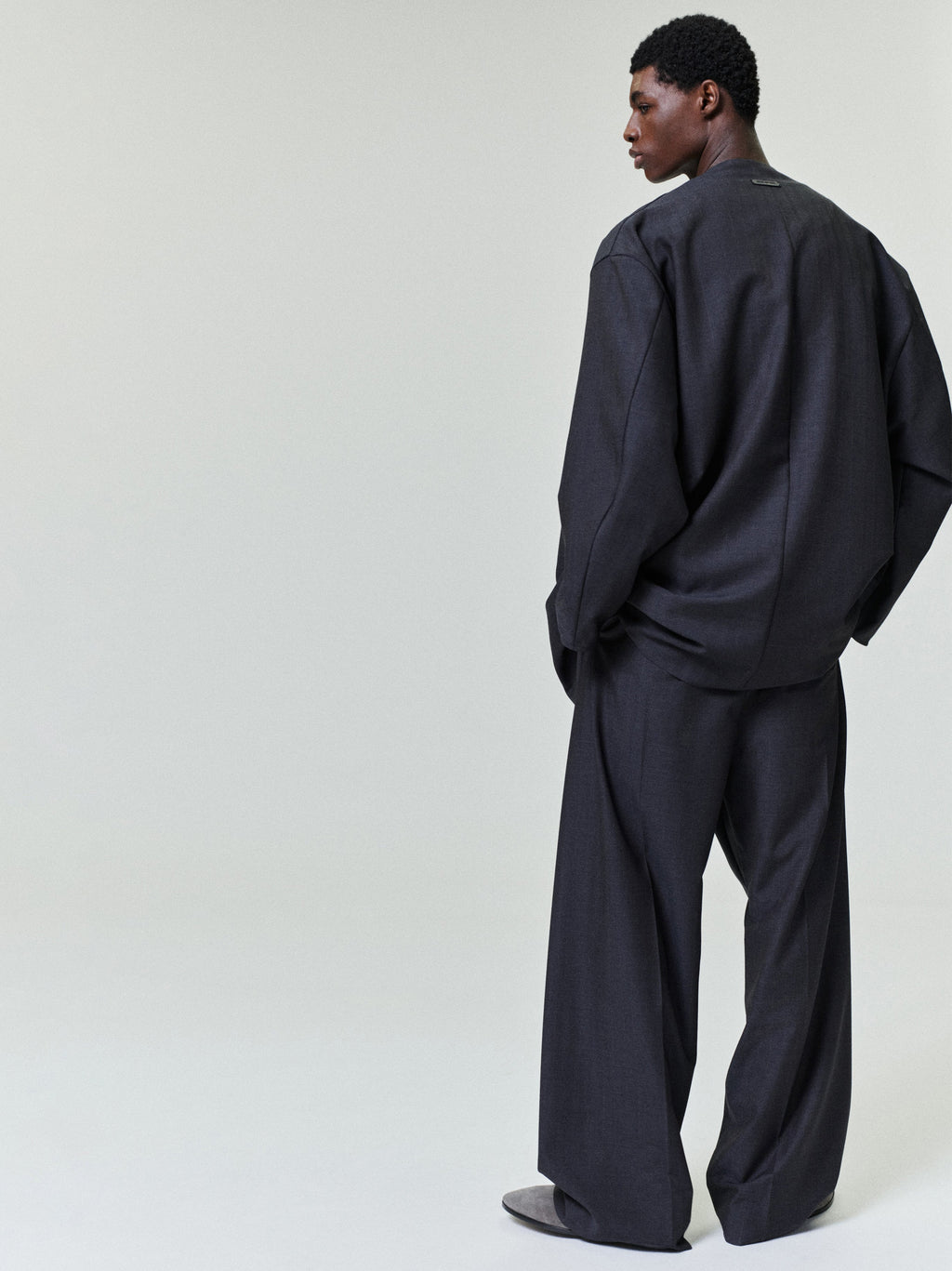 Grey Striped Wool Wide Leg Drawstring Pants - Grey Striped - Image 3