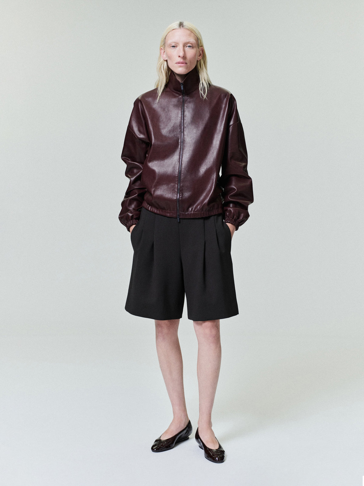 Womens Leather Track Jacket - Maroon - Image 2