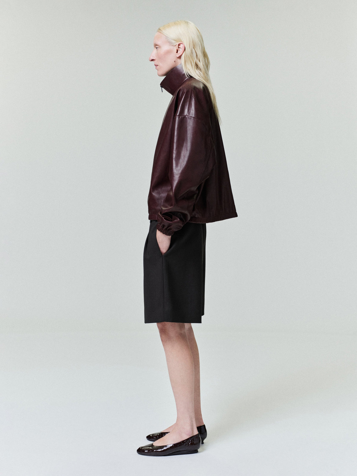 Womens Leather Track Jacket - Maroon - Image 3