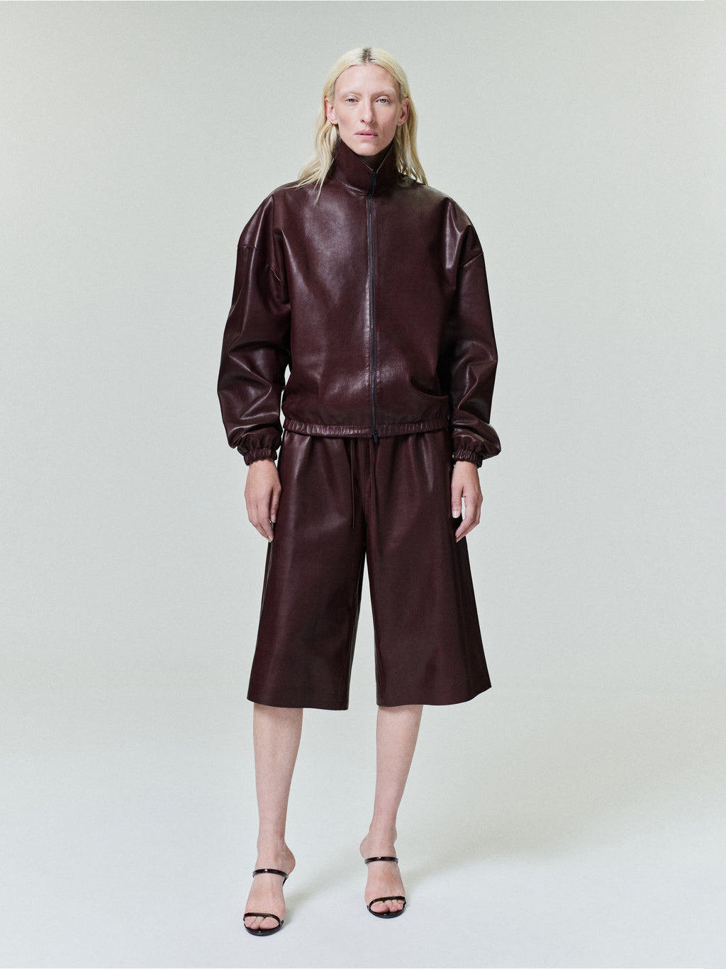 Womens Leather Track Jacket - Maroon - Image 1