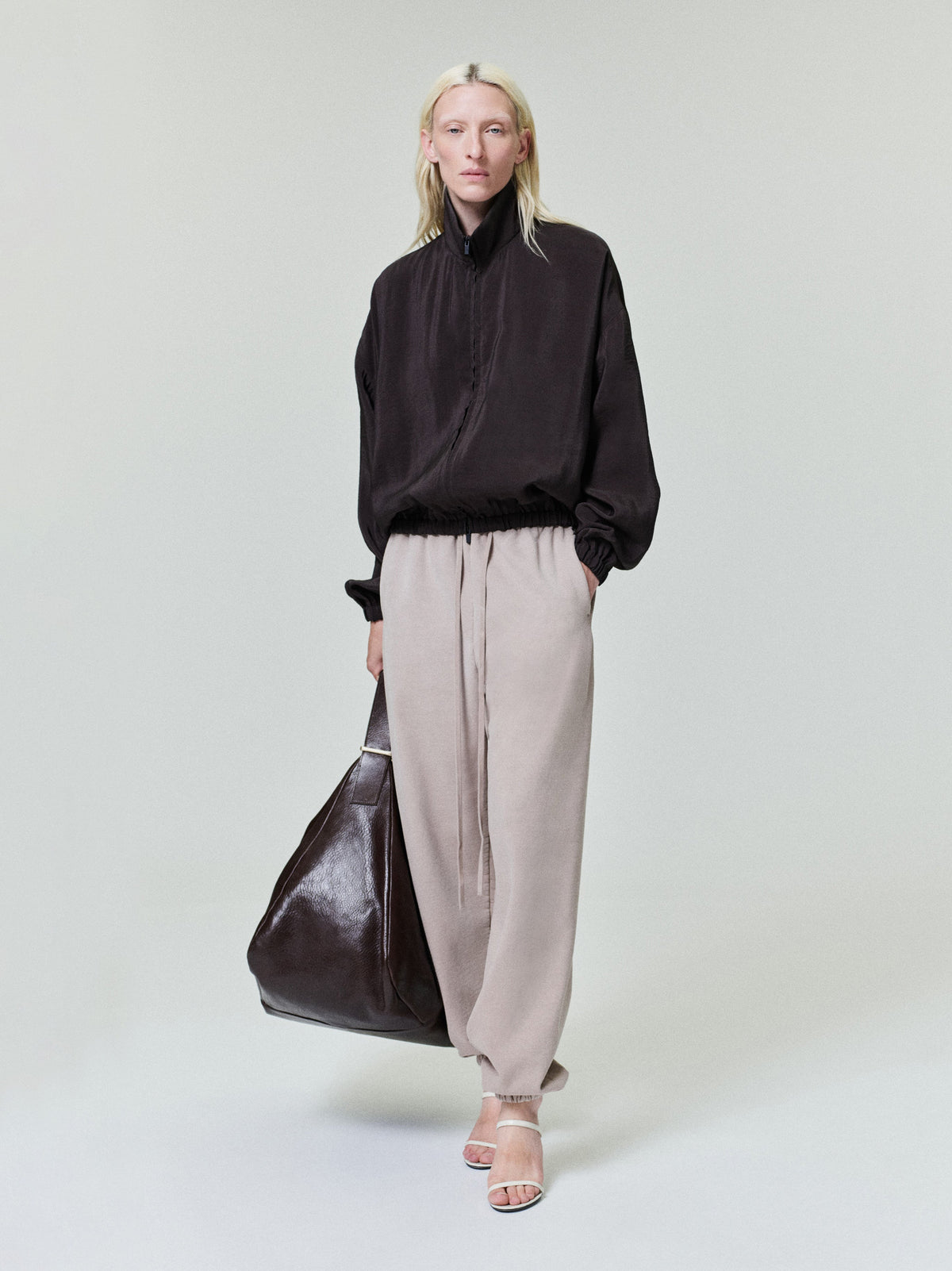 Womens Crinkle Viscose Track Jacket - Dark Brown - Image 1