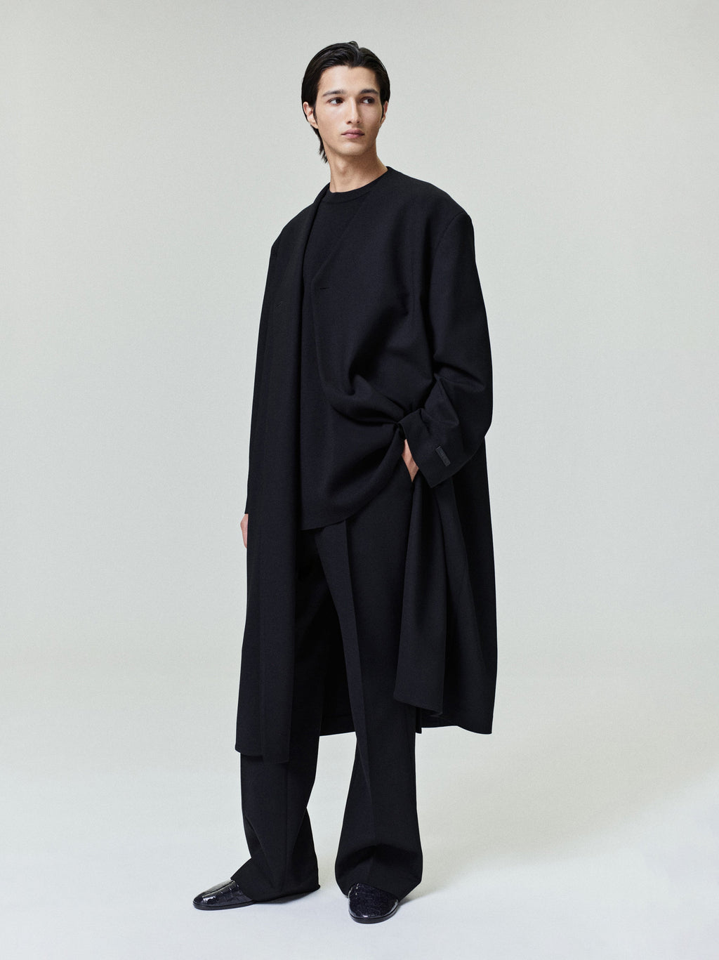 Double Weave Wool Double Breasted Lapelless Coat - Black - Image 1