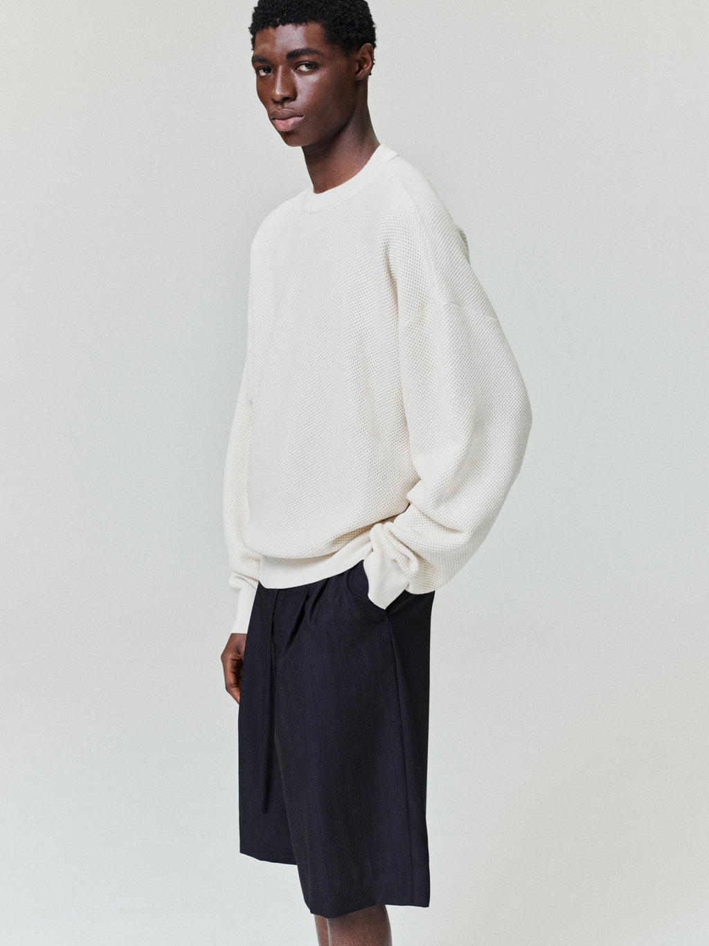 Wool Cotton Sport Mesh Knit Sweater - Cream - Image 1