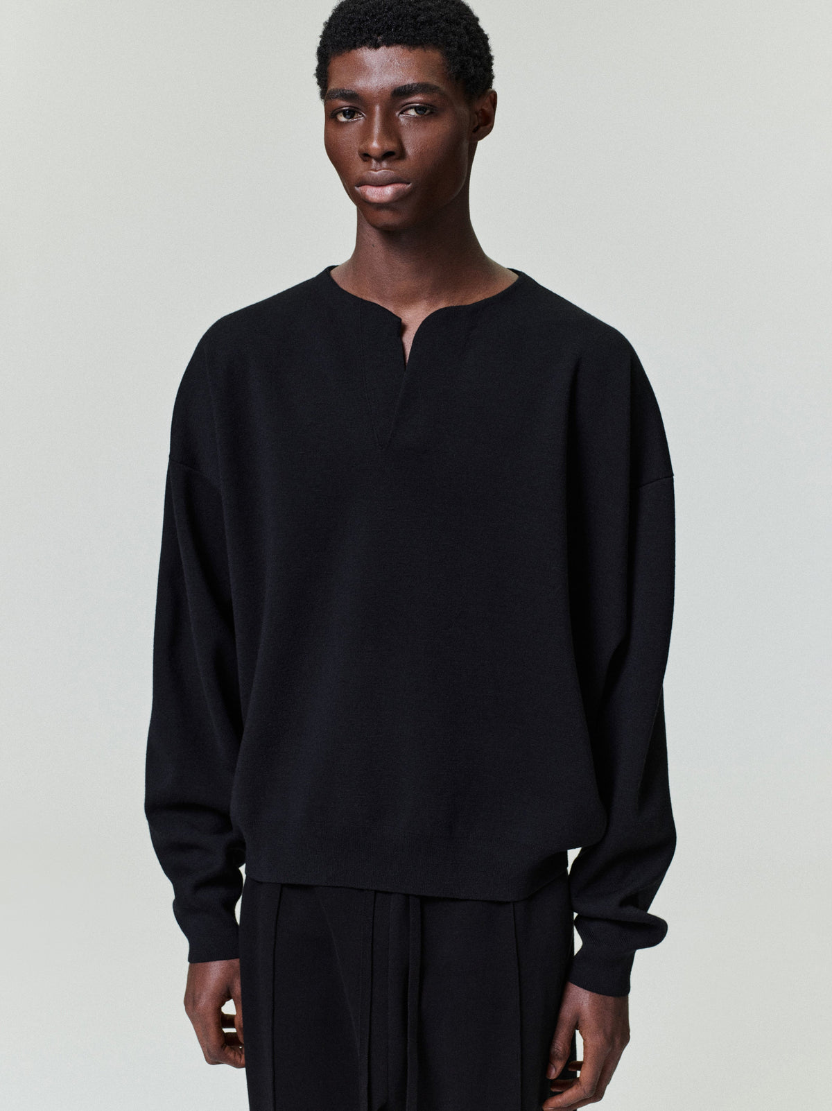 Merino Milano Knit Henley Sweater - Black - Image 1