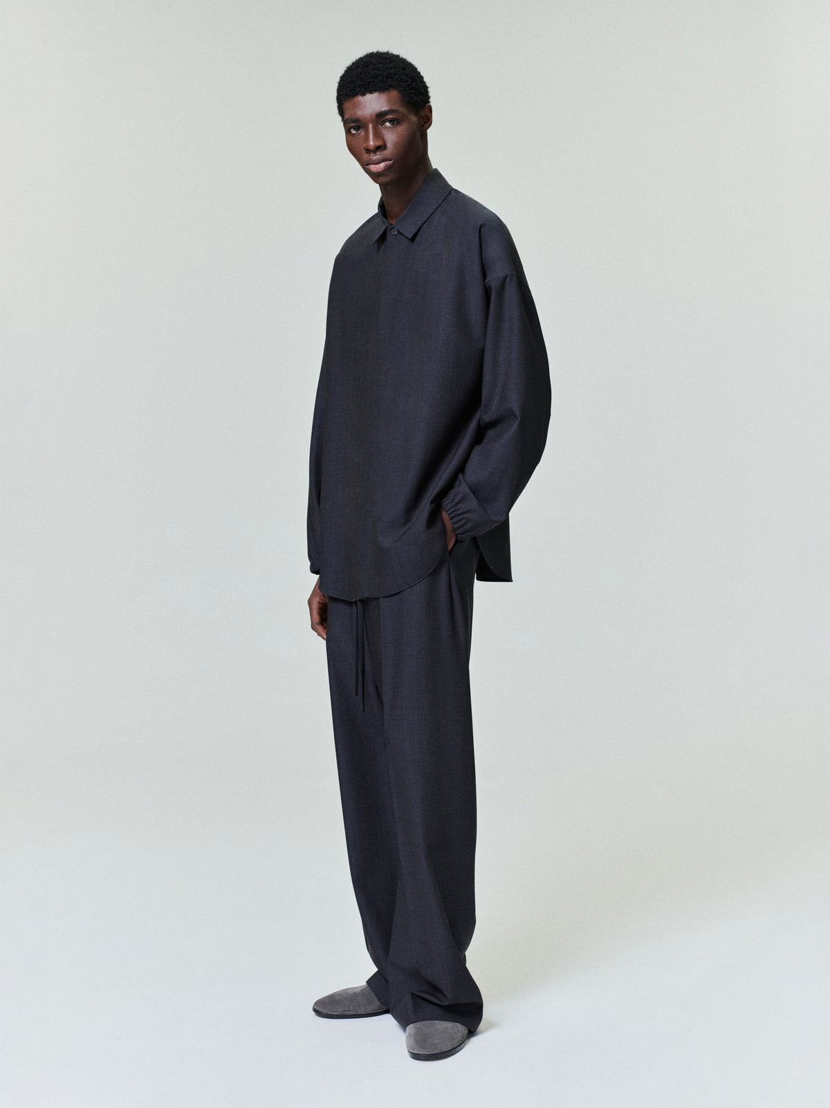 Grey Striped Wool Wide Leg Drawstring Pants - Grey Striped - Image 1