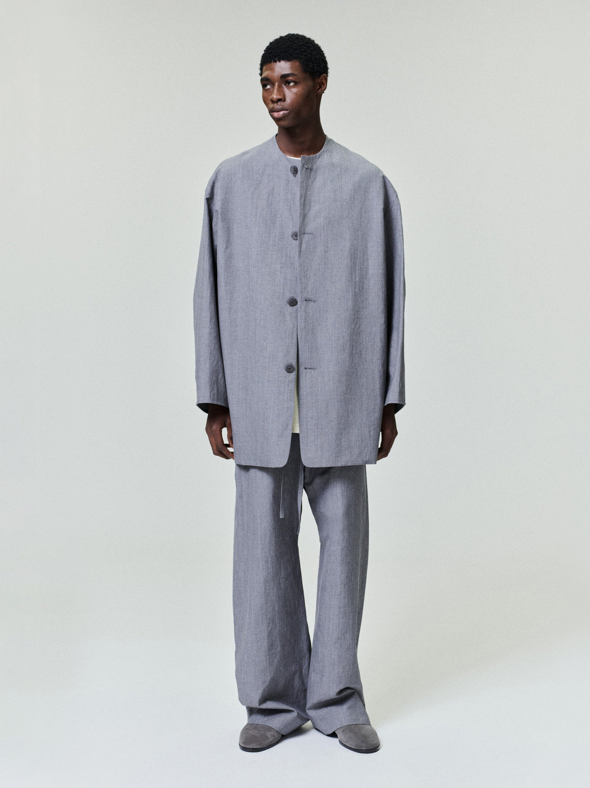 Wool Linen Collarless Sport Jacket - Metallic Grey - Image 1