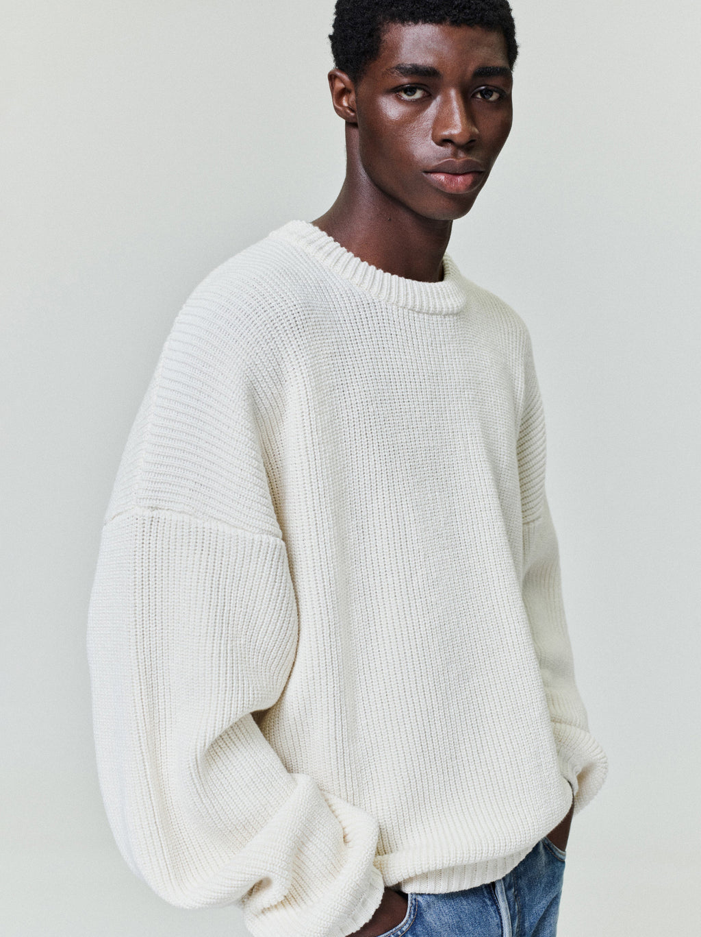 Double Knit Linen Wool Cotton Crewneck Sweater - Cream - Image 1