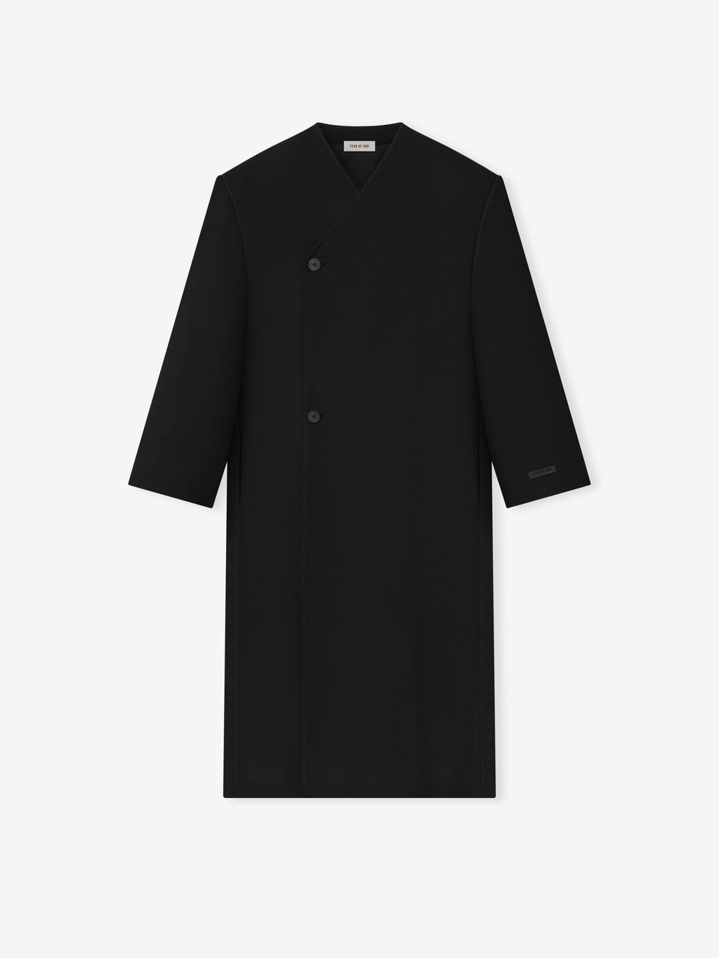 Double Weave Wool Double Breasted Lapelless Coat - Black - Image 3