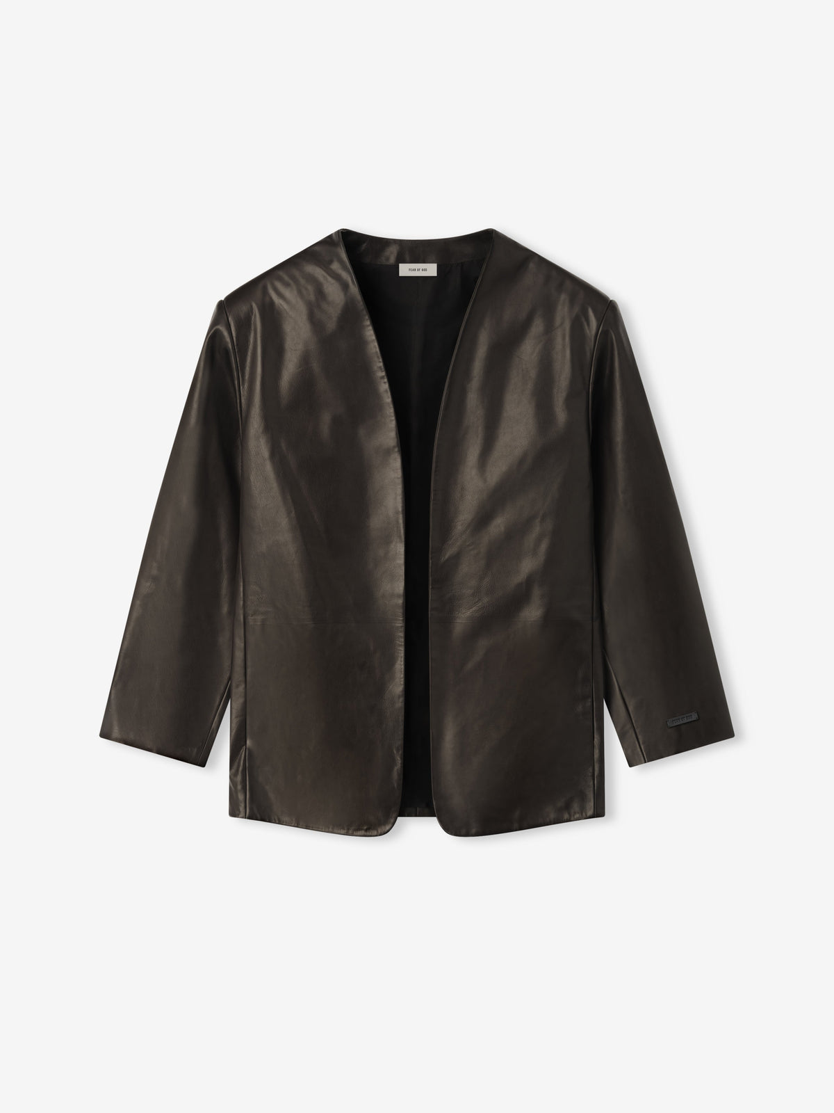 Womens Leather Collarless Jacket - Dark Brown - Image 4