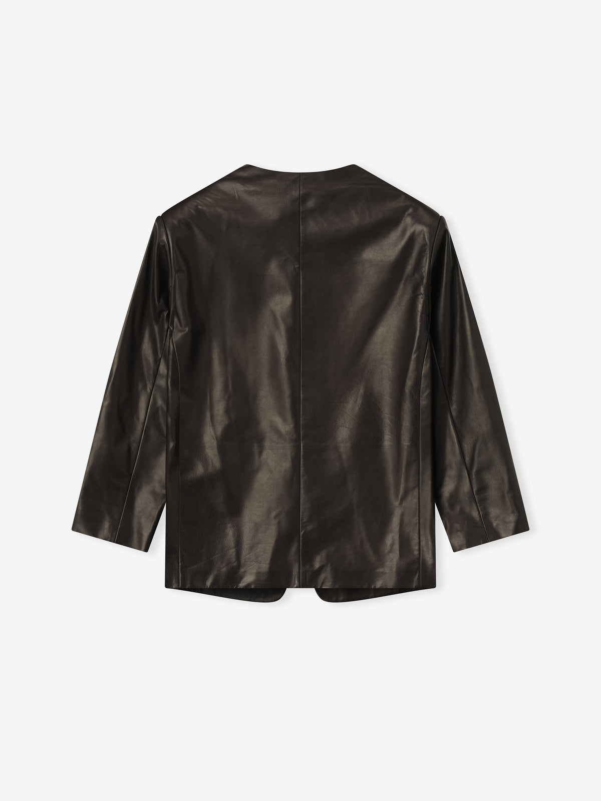 Womens Leather Collarless Jacket - Dark Brown - Image 5