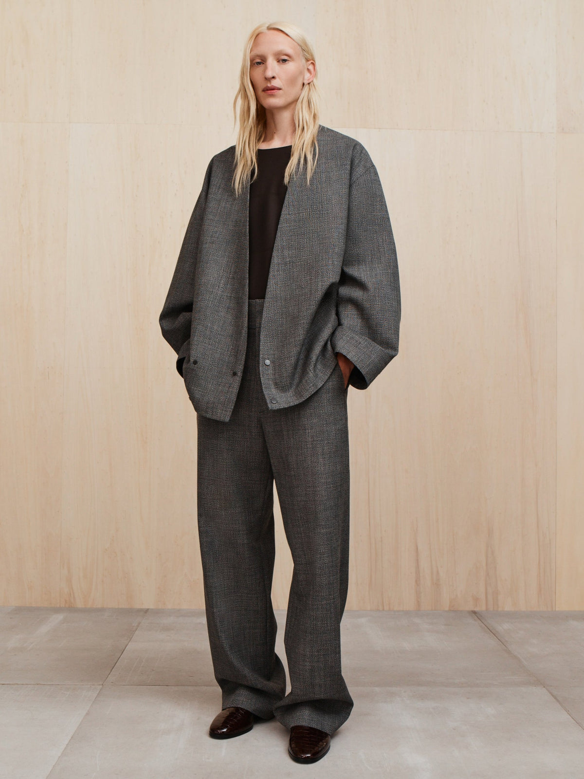 Mouline Wool Relaxed Lapelless Jacket - Off White/Black - Image 3