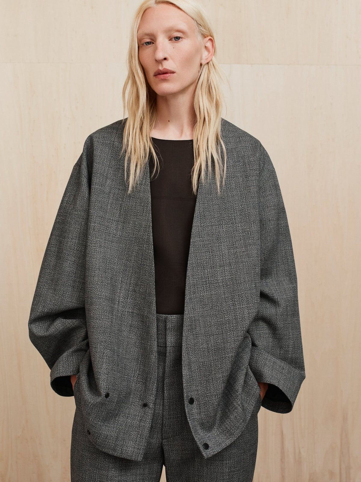 Mouline Wool Relaxed Lapelless Jacket - Off White/Black - Image 2