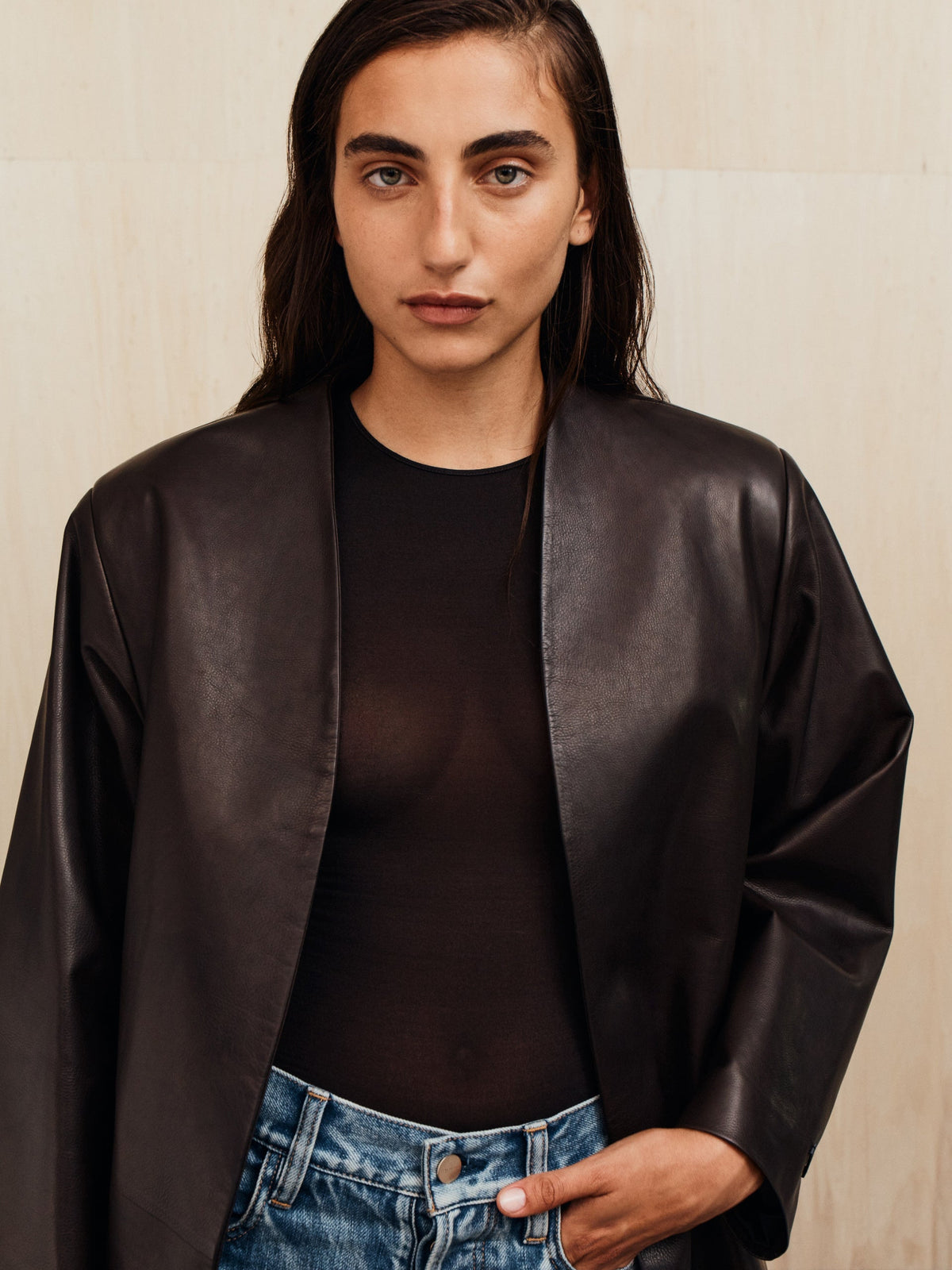 Womens Leather Collarless Jacket - Dark Brown - Image 8