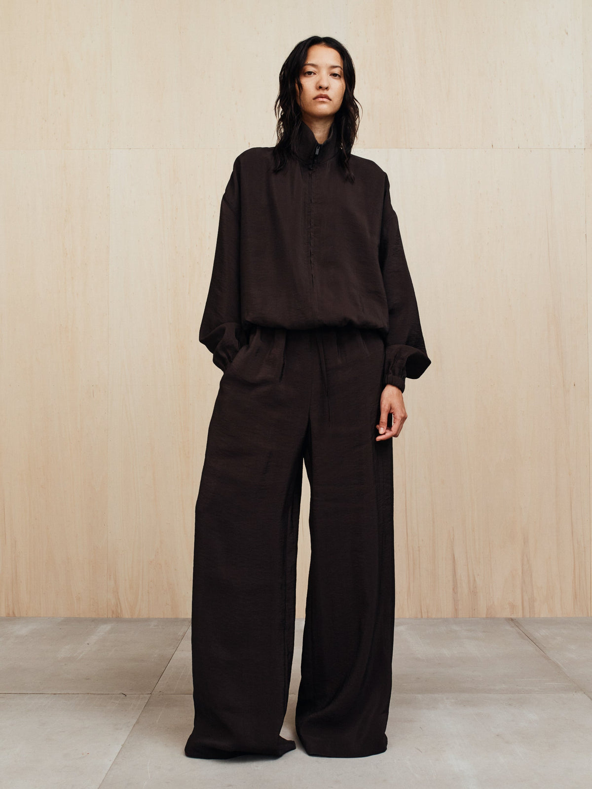 Womens Crinkle Viscose Track Jacket - Dark Brown - Image 6