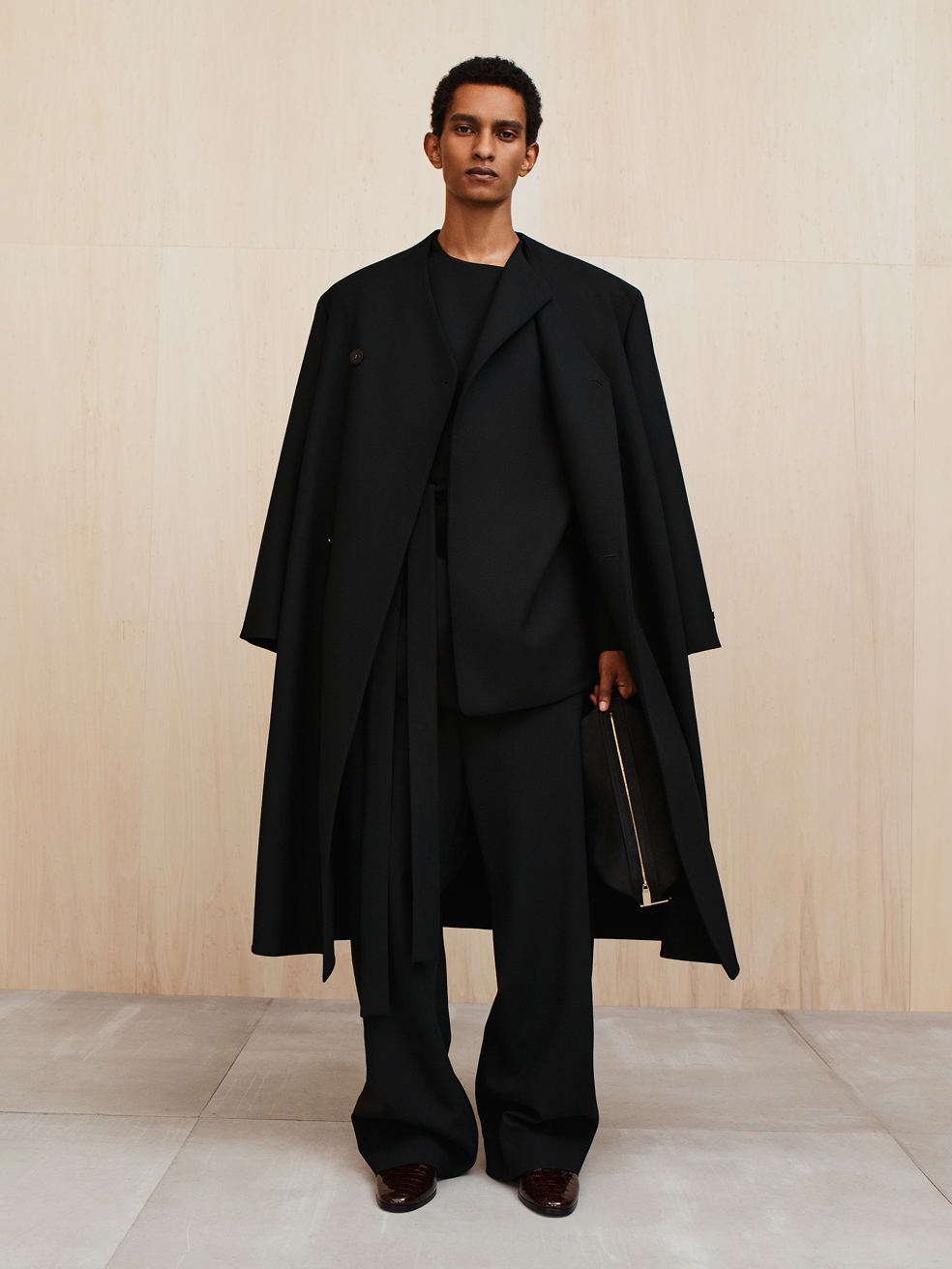 Double Weave Wool Double Breasted Lapelless Coat - Black - Image 2