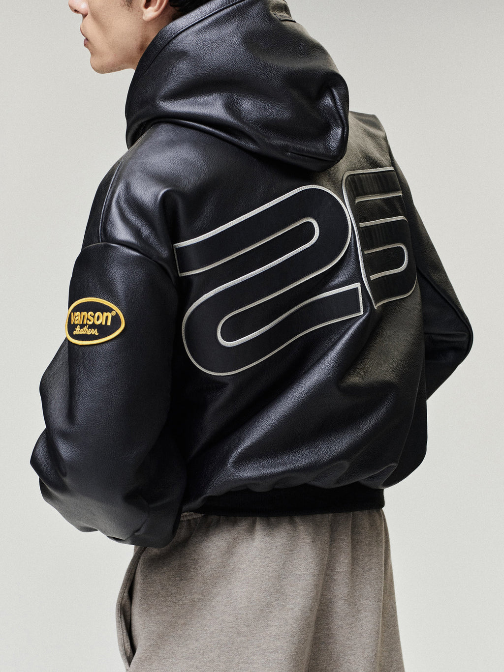 Vanson Essentials Leather Hooded Bomber - Black - Image 1