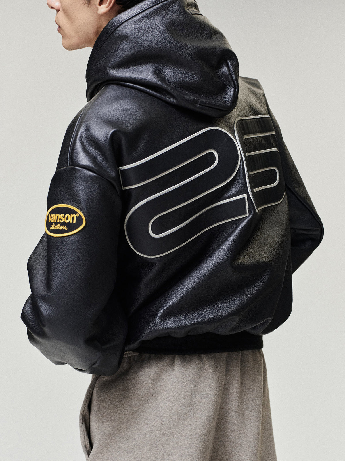 Vanson Essentials Leather Hooded Bomber - Black - Image 1