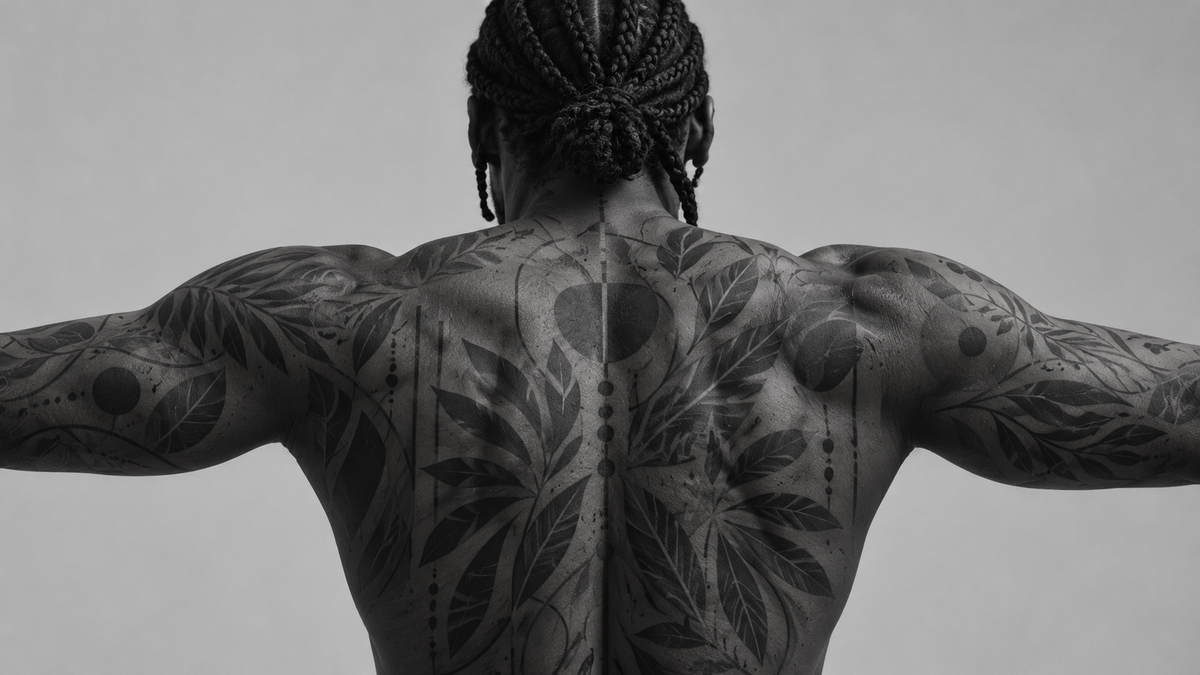 Black-and-white rear portrait of a tattooed model with outstretched arms
